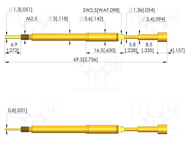 Test needle; Spring compression: 5mm; 5.5mm; 8A; steel; Ø: 4mm; 15N