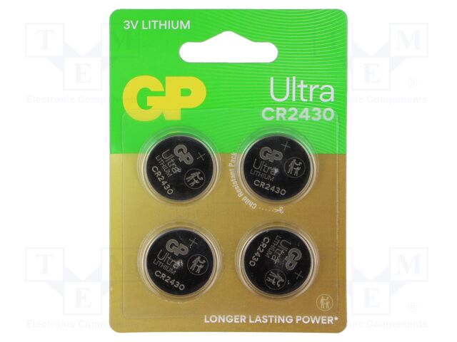 Battery: lithium; CR2430,coin; 3V; 300mAh; non-rechargeable; 4pcs.