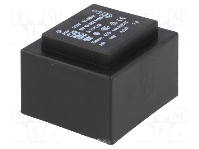 Transformer: encapsulated; 4.5VA; 230VAC; 18V; 250mA; Mounting: PCB