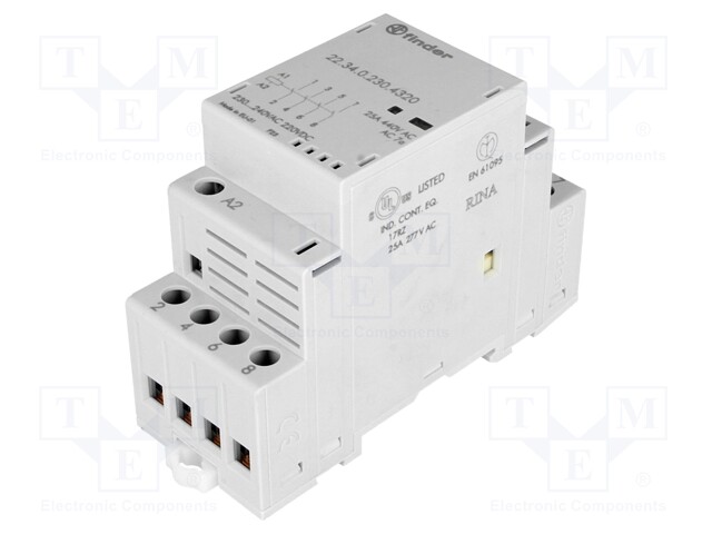 Relay: installation; monostable; NO x4; Ucoil: 230VAC; 25A; IP20