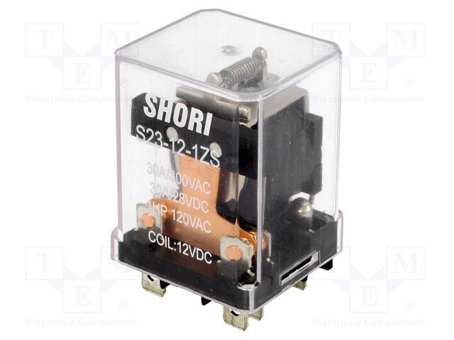 Relay: electromagnetic; SPST-NO + SPST-NC; Ucoil: 12VDC; 30A; IP40
