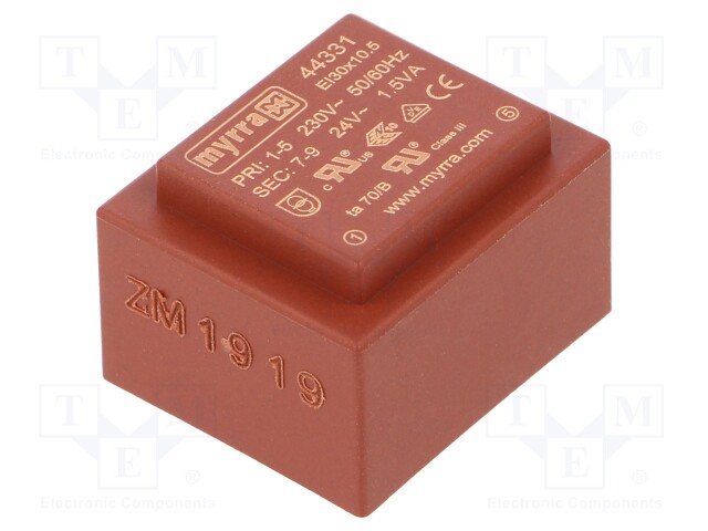 Transformer: encapsulated; 1.5VA; 230VAC; 24V; 63mA; Mounting: PCB