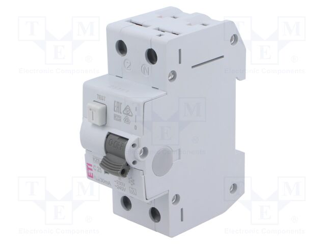 RCBO breaker; Inom: 25A; Ires: 30mA; Poles: 2; 230/400VAC; DIN; IP20