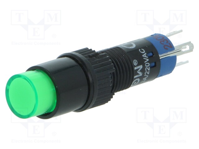 Switch: push-button; Pos: 2; SPDT; 0.5A/250VAC; 1A/24VDC; green
