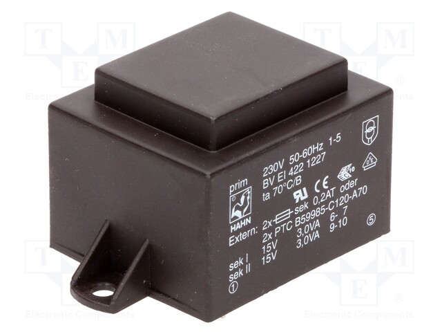 Transformer: encapsulated; 6VA; 230VAC; 15V; 15V; 200mA; 200mA; 200g