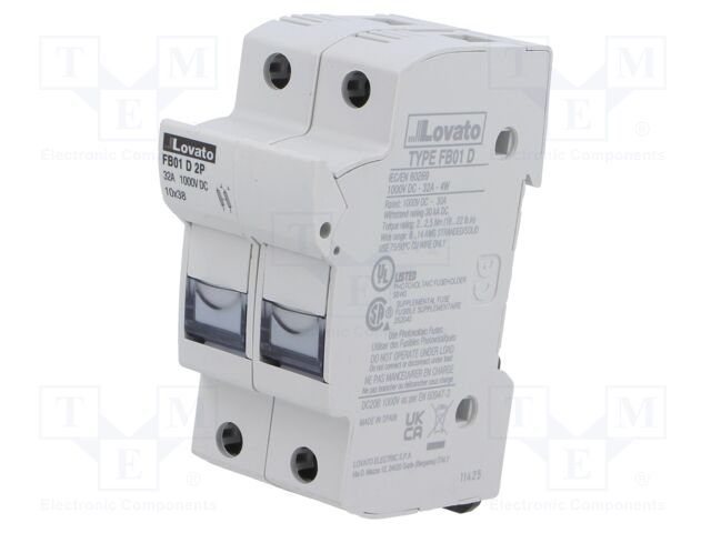 Fuse base; 10x38mm; for DIN rail mounting; 32A; Poles: 2; 1kVDC