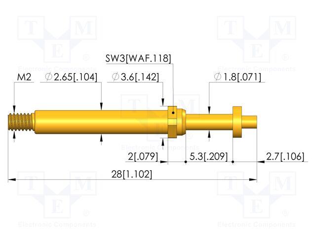 Test needle; Spring compression: 4mm; 5mm; 8A; CuBe; gold-plated