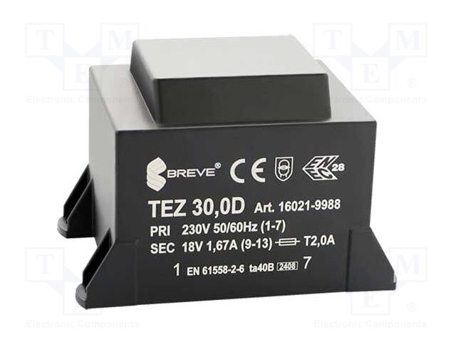Transformer: encapsulated; 30VA; 230VAC; 18V; 1666.6mA; IP00; 700g