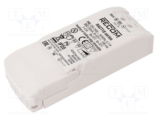 Power supply: switched-mode; LED; 18W; 26÷52VDC; 350mA; 198÷264VAC