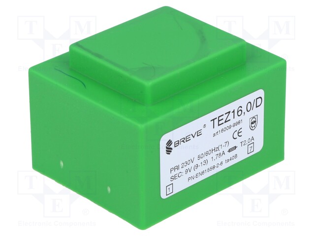 Transformer: encapsulated; 16VA; 230VAC; 9V; 1777.7mA; IP00; 420g
