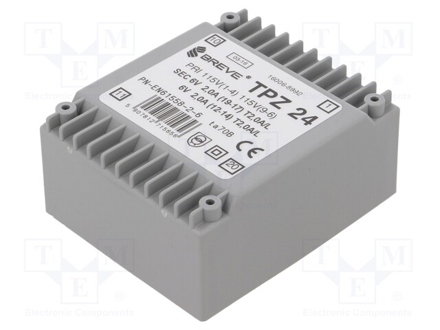 Transformer: mains; 24VA; 115VAC; 6V; 6V; Mounting: PCB; IP00