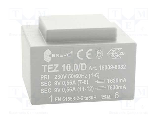 Transformer: encapsulated; 10VA; 230VAC; 9V; 9V; 555.5mA; 555.5mA
