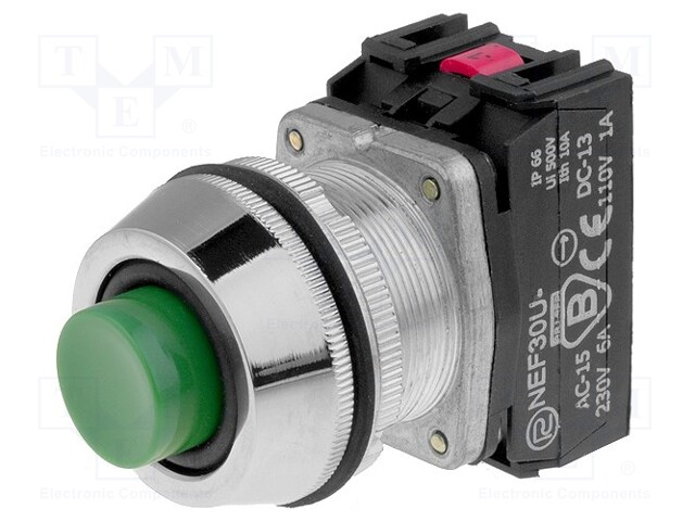 Switch: push-button; Stabl.pos: 1; NC + NO; 30mm; green; IP66; Pos: 2