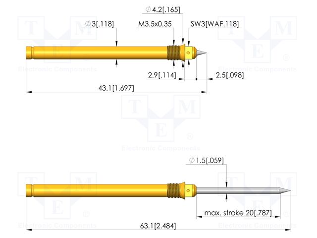 Test needle; Spring compression: 12mm; 20mm; 10A; steel; Ø: 1.5mm