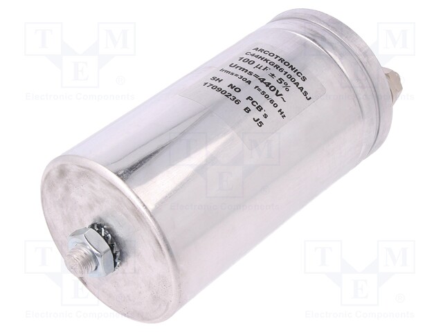 Capacitor: polypropylene; Body dim: Ø75x142mm; 100uF; ±5%; 30A
