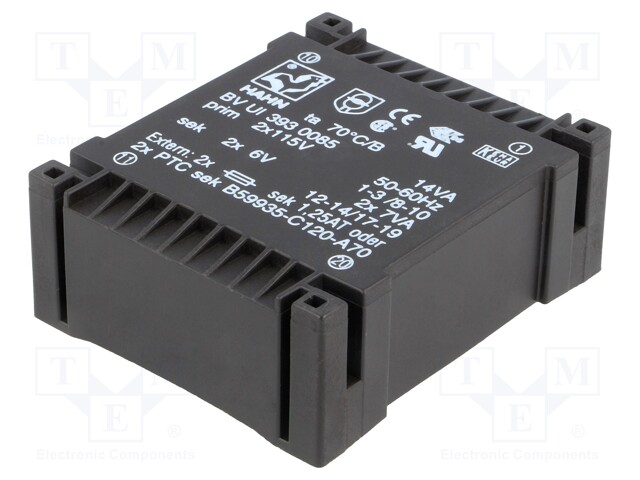 Transformer: encapsulated; 14VA; 115/115VAC; 6V; 6V; 1166mA; 1166mA
