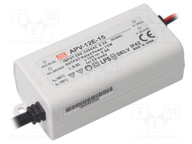 Power supply: switched-mode; LED; 12W; 15VDC; 0.8A; 180÷264VAC