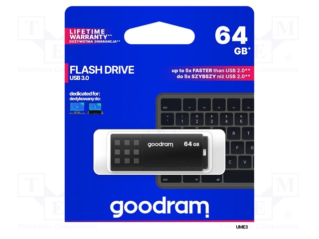 Pendrive; USB 3.0; 64GB; Read: 60MB/s; Write: 20MB/s; Colour: black