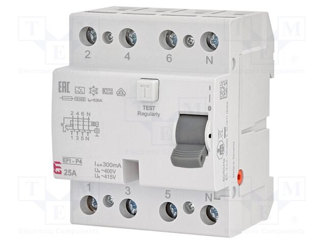 RCD breaker; Inom: 25A; Ires: 100mA; Poles: 4; 400V,415V; IP20; EFI