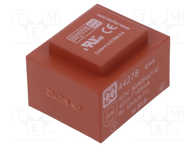 Transformer: encapsulated; 10VA; 117VAC; 9V; 1111mA; Mounting: PCB