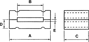 Ferrite: two-piece; 70O; A:76.2mm; B:6.35mm; C:28.5mm; D:65.3mm