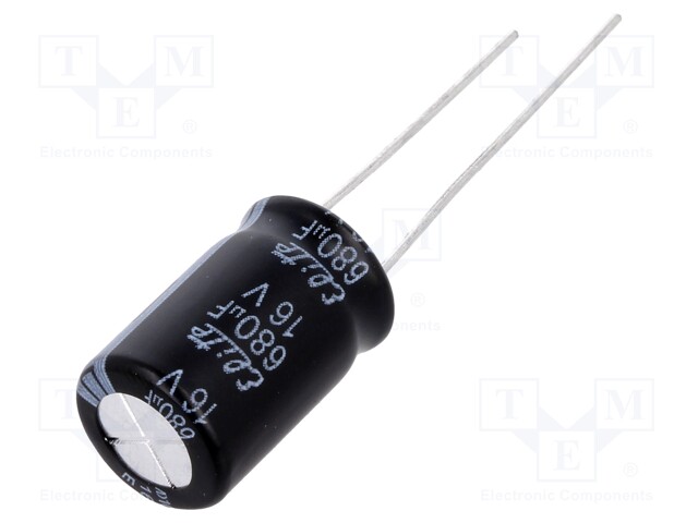 Capacitor: electrolytic; THT; 680uF; 16VDC; Ø10x16mm; Pitch: 5mm