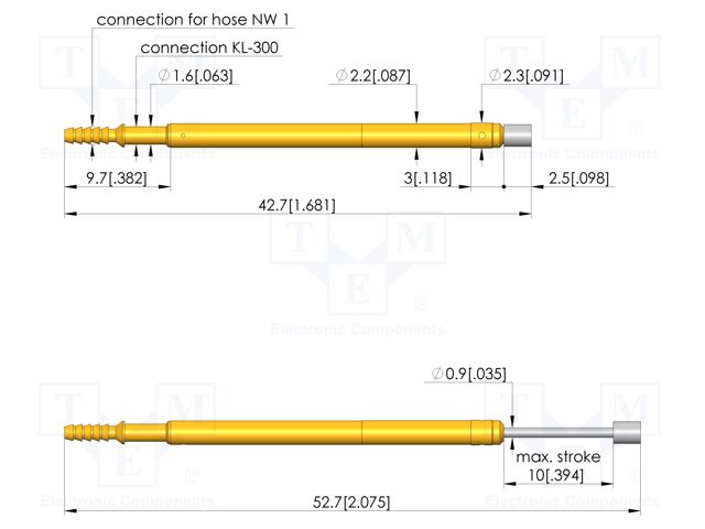 Test needle; Spring compression: 6mm; 10mm; 3A; CuBe; Ø: 2mm; 0.8N