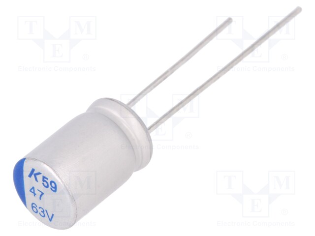 Capacitor: polymer; 47uF; 63VDC; ESR: 68mΩ; A759; THT; ±20%; 2000h