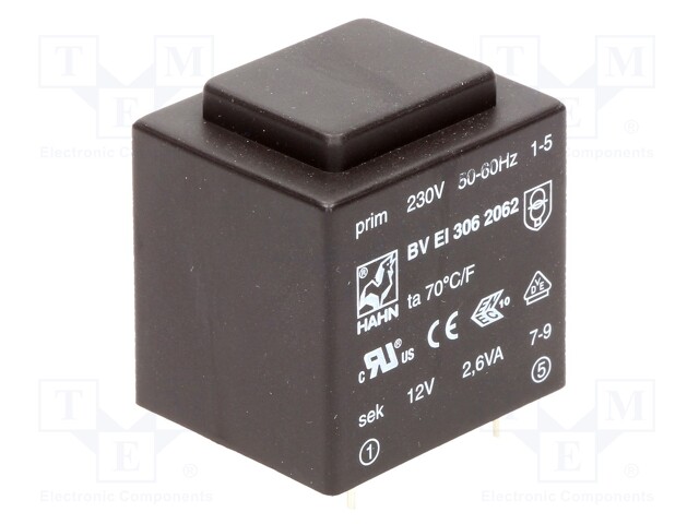 Transformer: encapsulated; 2.6VA; 230VAC; 12V; 217mA; Mounting: PCB