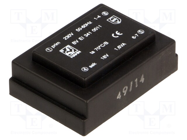 Transformer: encapsulated; 1.6VA; 230VAC; 18V; 89mA; Mounting: PCB