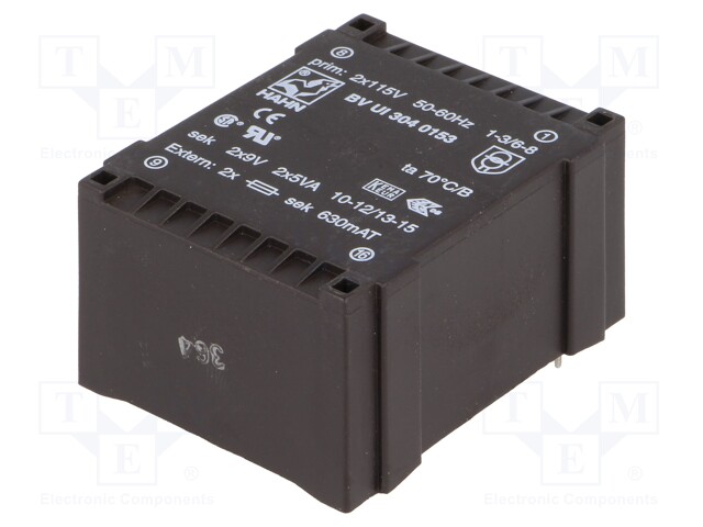 Transformer: encapsulated; 10VA; 115/115VAC; 9V; 9V; 555mA; 555mA