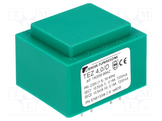 Transformer: encapsulated; 4VA; 230VAC; 10.5V; 10.5V; 190.4mA; IP00
