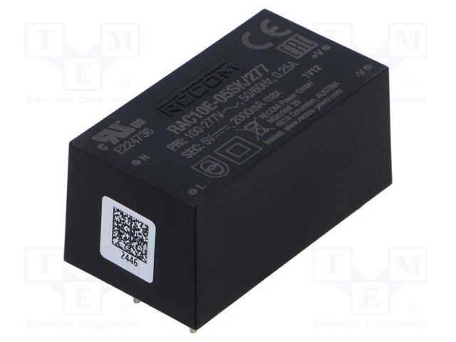 Converter: AC/DC; 10W; 85÷305VAC; 5VDC; Iout: 2000mA; 80%; PCB; 4000V