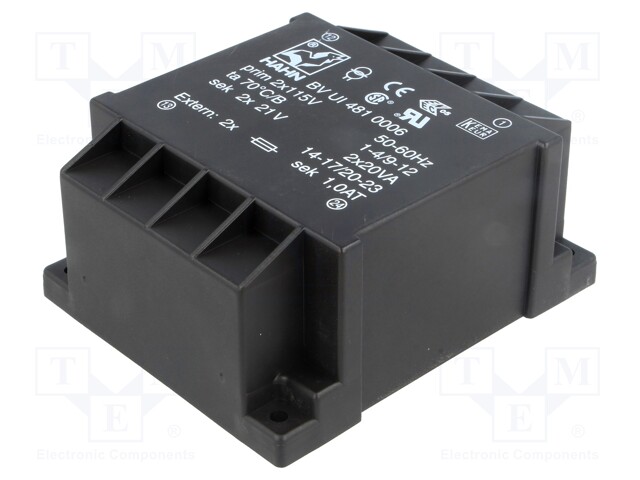 Transformer: encapsulated; 40VA; 115/115VAC; 21V; 21V; 952mA; 952mA