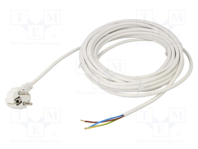 Cable; CEE 7/7 (E/F) plug angled,wires; PVC; 10m; white; 16A; 250V