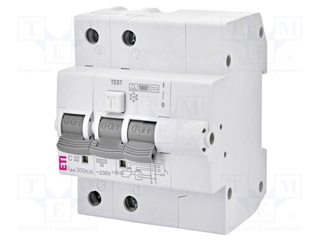 RCBO breaker; Inom: 32A; Ires: 300mA; Poles: 2; 230VAC; IP20; 1÷25mm2