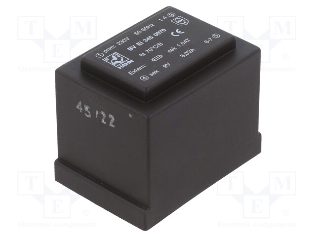 Transformer: encapsulated; 8VA; 230VAC; 9V; 888mA; Mounting: PCB