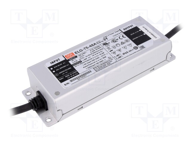 Power supply: switched-mode; LED; 76.8W; 48VDC; 43.2÷52.8VDC; IP65
