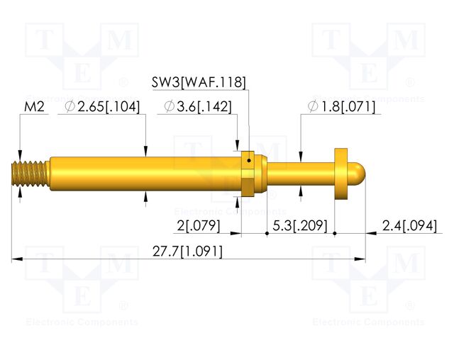 Test needle; Spring compression: 4mm; 5mm; 8A; CuBe; gold-plated