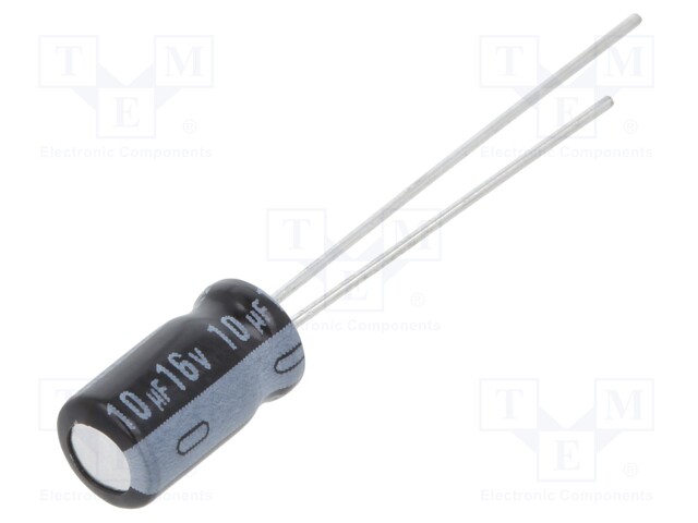 Capacitor: electrolytic; THT; 10uF; 16VDC; Ø5x9mm; Pitch: 2mm; ±20%