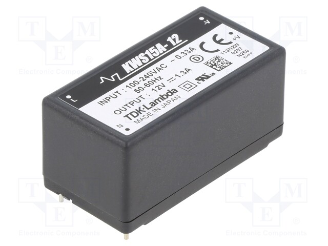 Converter: AC/DC; 15.6W; Uout: 12VDC; Iout: 1.3A; 81÷82%; 85÷265VAC