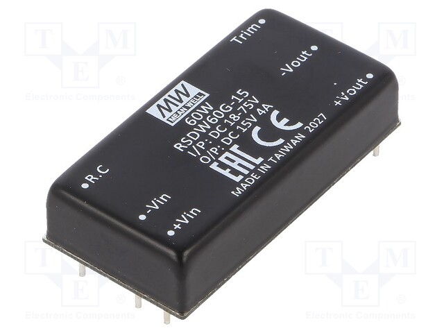 Converter: DC/DC; 60W; Uin: 18÷75V; Uout: 15VDC; Iout: 4A; 2"x1"