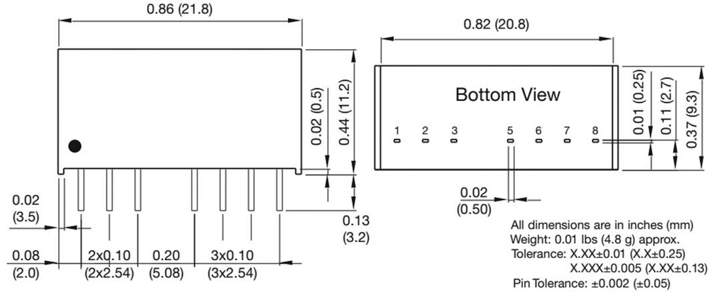 Converter: DC/DC; 5W; Uin: 18÷75V; 15VDC; Iout: 334mA; SIP8; 4.8g