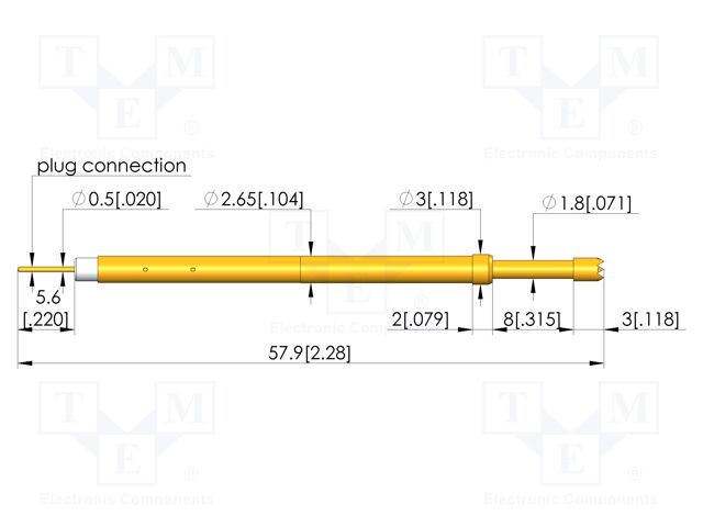 Test needle; Spring compression: 6.4mm; 8mm; 5A; CuBe; gold-plated