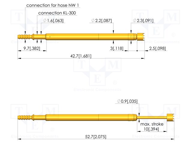 Test needle; Spring compression: 6mm; 10mm; 2A; steel; gold-plated