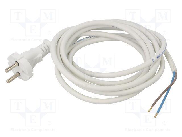 Cable; CEE 7/17 (C) plug,wires; PVC; 3m; white; 2x1mm2; 16A; 250V