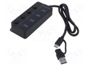 Hub USB; USB A socket x4,USB A plug,USB C plug; USB 3.2; black