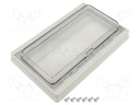 Hinged front panel; polycarbonate; 213x133x40mm; IP55