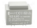 Transformer: encapsulated; 6VA; 230VAC; 9V; 666.6mA; Mounting: PCB