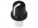 Knob; with pointer; ABS; Shaft d: 6mm; Ø16x14.4mm; black; push-in